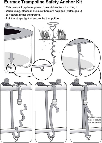 USA Trampoline Stakes Heavy Duty Trampoline Parts Corkscrew Shape Steel Stakes Anchor Kit with T Hook for Trampolines -Set of 4 Bonus 4 Strong Belt
