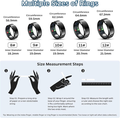 Smart Ring Health Tracker, Sleep Tracker Ring with Heart Rate, Waterproof Fitness Ring for Activity Monitoring/Steps/Distance/Calories, Air Gestures, up to 7-Day Battery, for Ios Android (Black,#10)