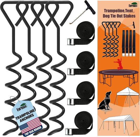 USA Trampoline Stakes Heavy Duty Trampoline Parts Corkscrew Shape Steel Stakes Anchor Kit with T Hook for Trampolines -Set of 4 Bonus 4 Strong Belt